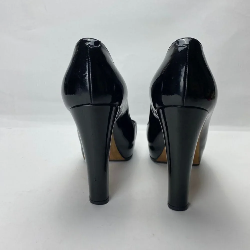 CHANEL Patent Silver Name Plate Chrome Logo Cap Toe Black Chunky Pumps Size 37.5